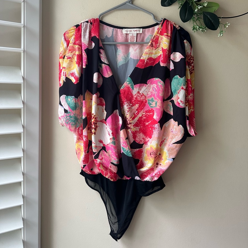 Flying Tomato Black Floral Bodysuit